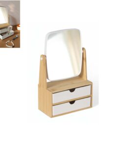 2 Çekmeceli, 360° Dönen Aynalı, Bambu Ahşap Düzenleyici Makyaj Takı Organizeri, Organizerli Ayna